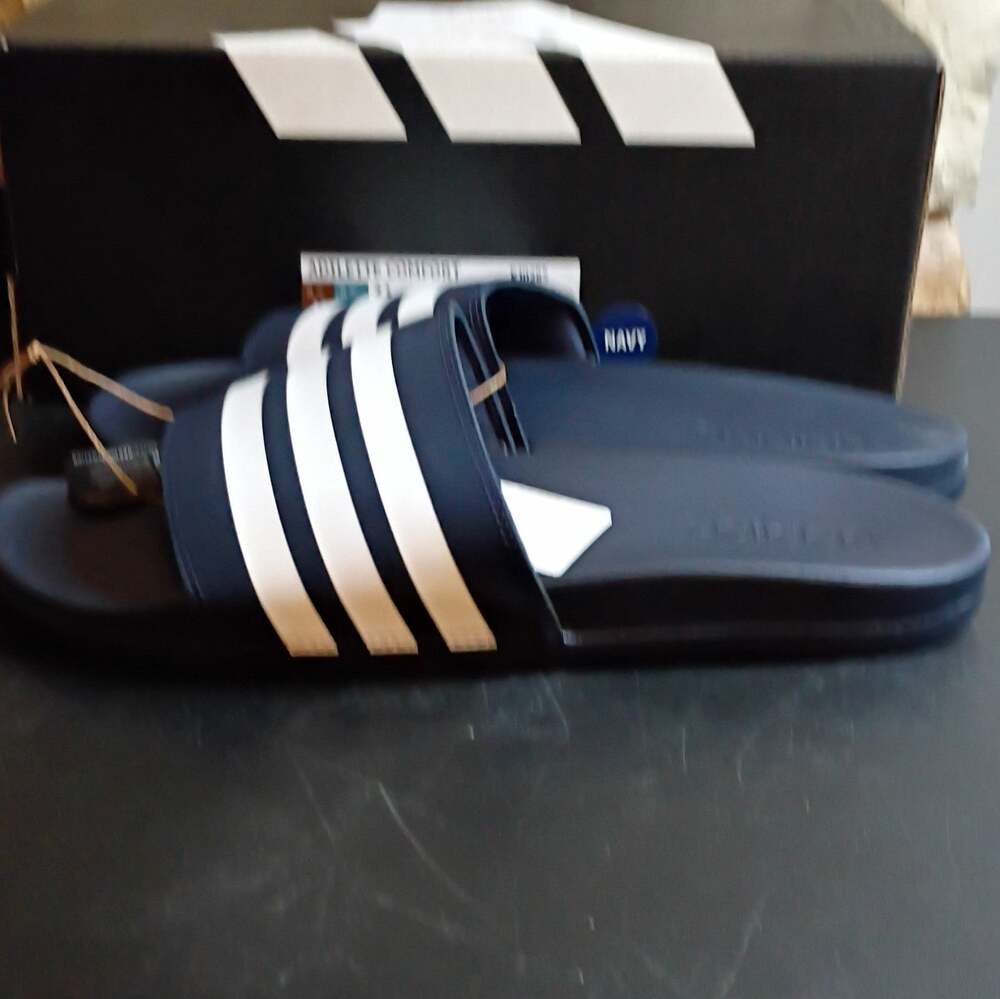 adidas Adilette Comfort Navy/White Slide Sandals Slip-On Logo Leather US 11
